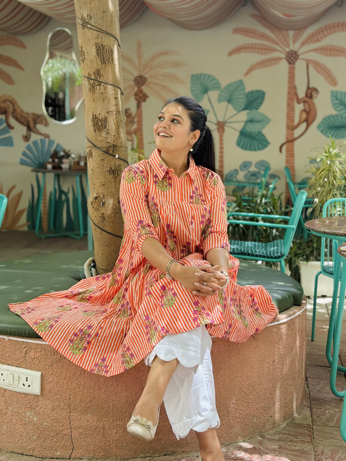ORANGE LINING COLLAR DRESS KURTI