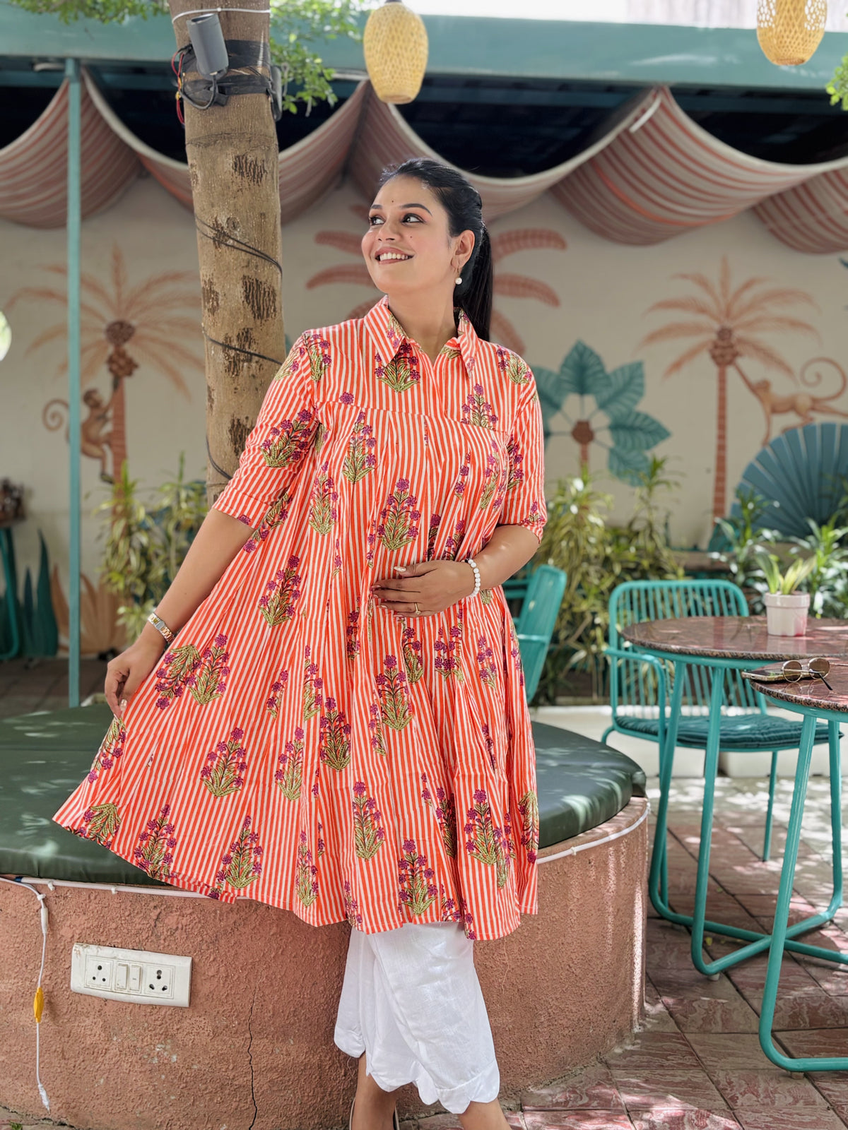 ORANGE LINING COLLAR DRESS KURTI