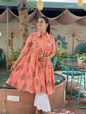 ORANGE LINING COLLAR DRESS KURTI