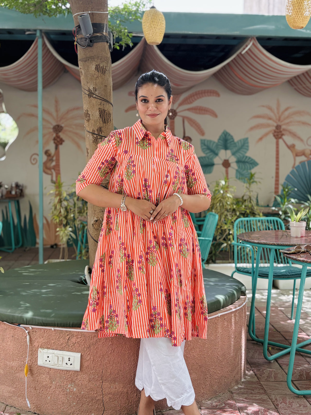 ORANGE LINING COLLAR DRESS KURTI