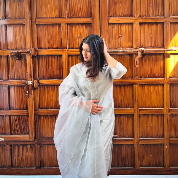 Grey Pure Chanderi V Neck Solid Kurta Set for Women