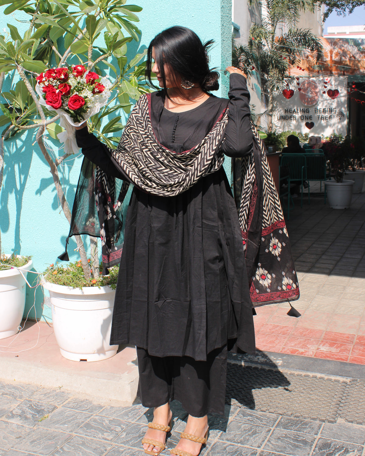 BLACK SOLID ANARKALI SUIT SET