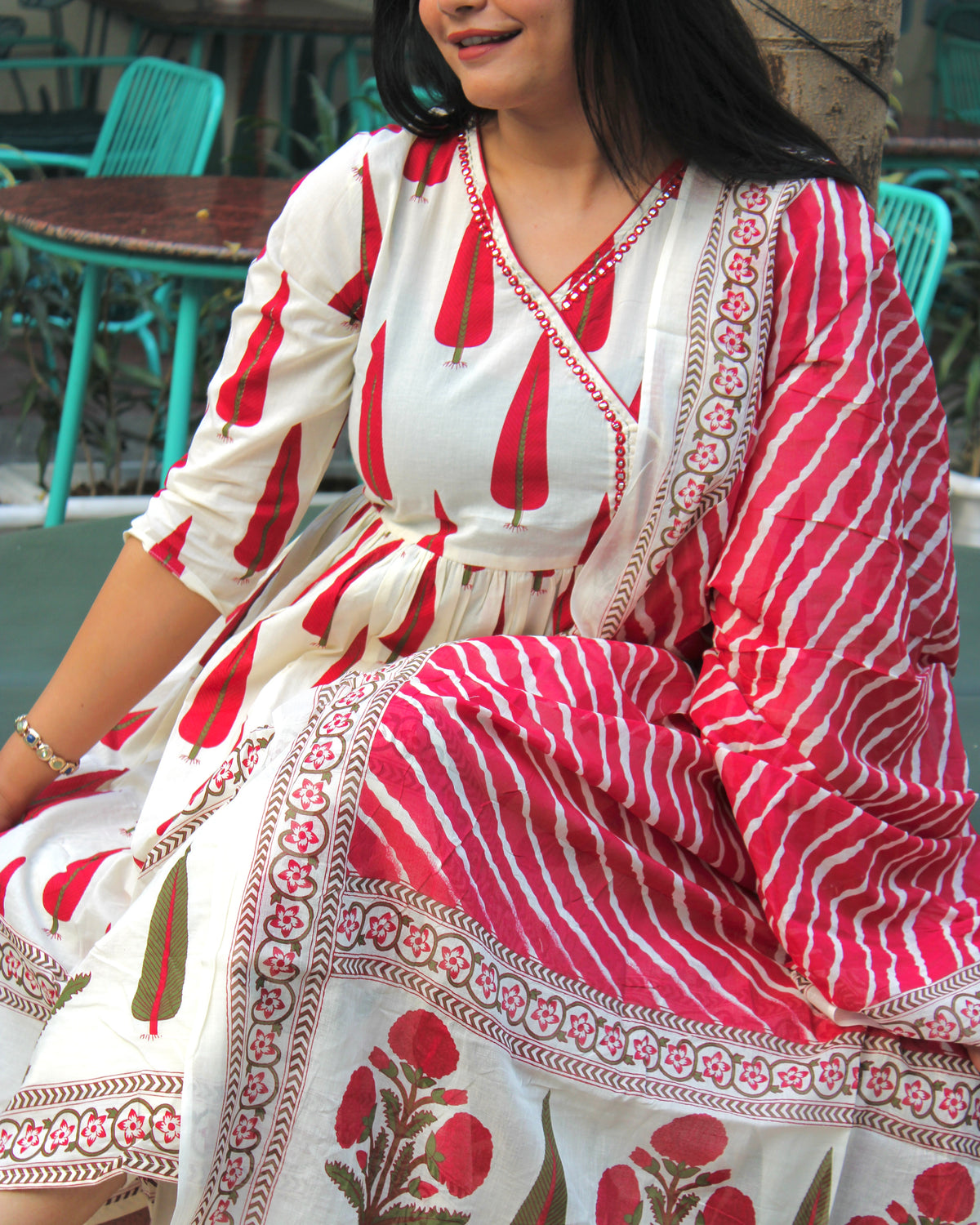 Red Leaf Angrakha Anarkali Set