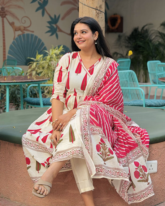Red Leaf Angrakha Anarkali Set