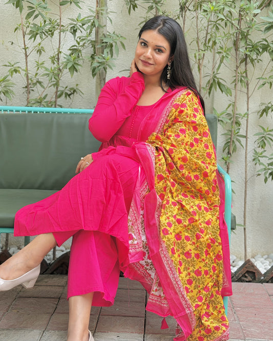 Pink Solid Anarkali Suit Set