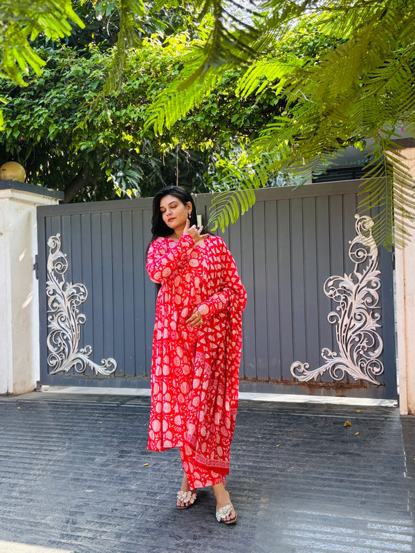 Red V-Neck Floral Printed Cotton Kurta Set with Dupatta