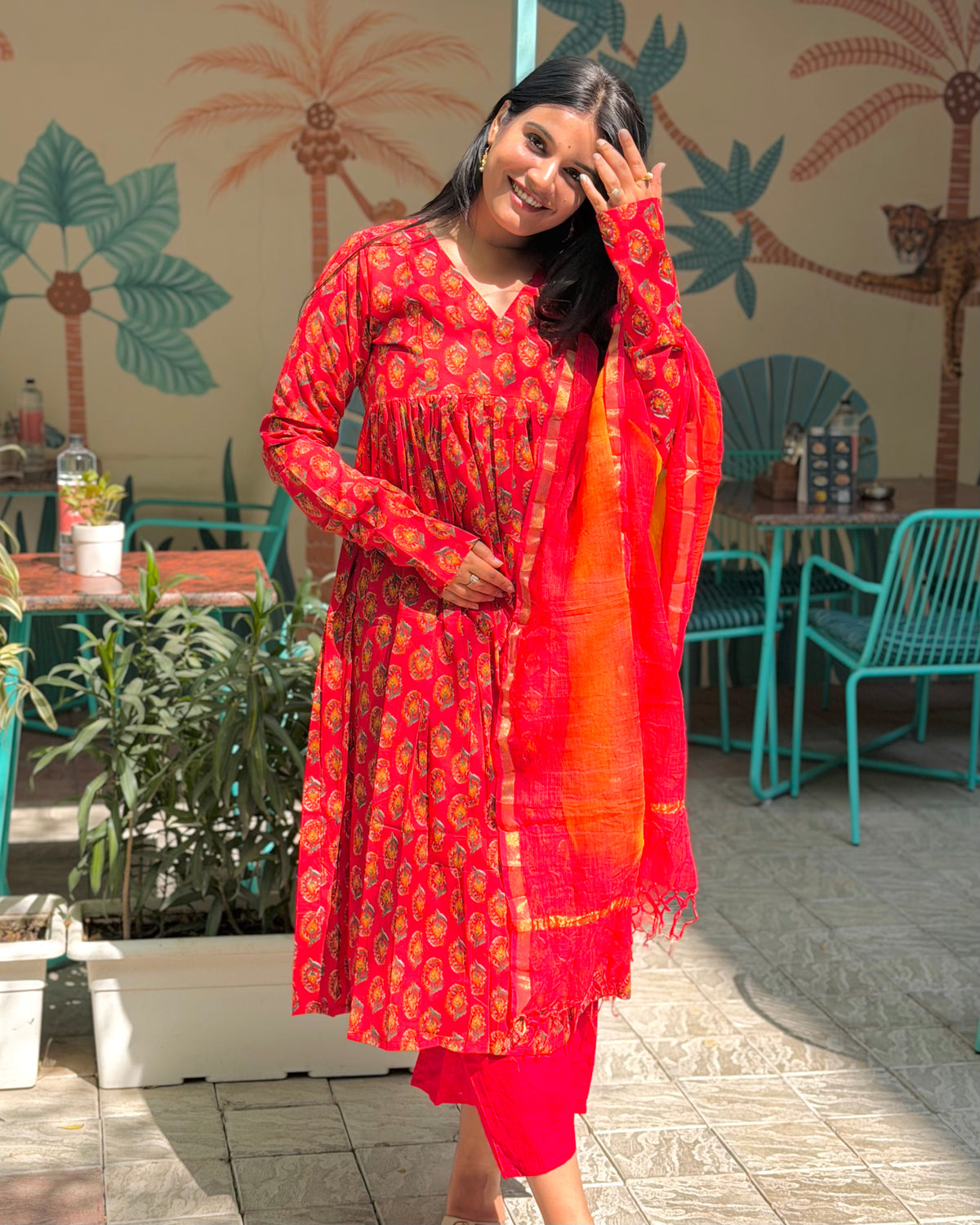 Red Udaipur Anarkali Set