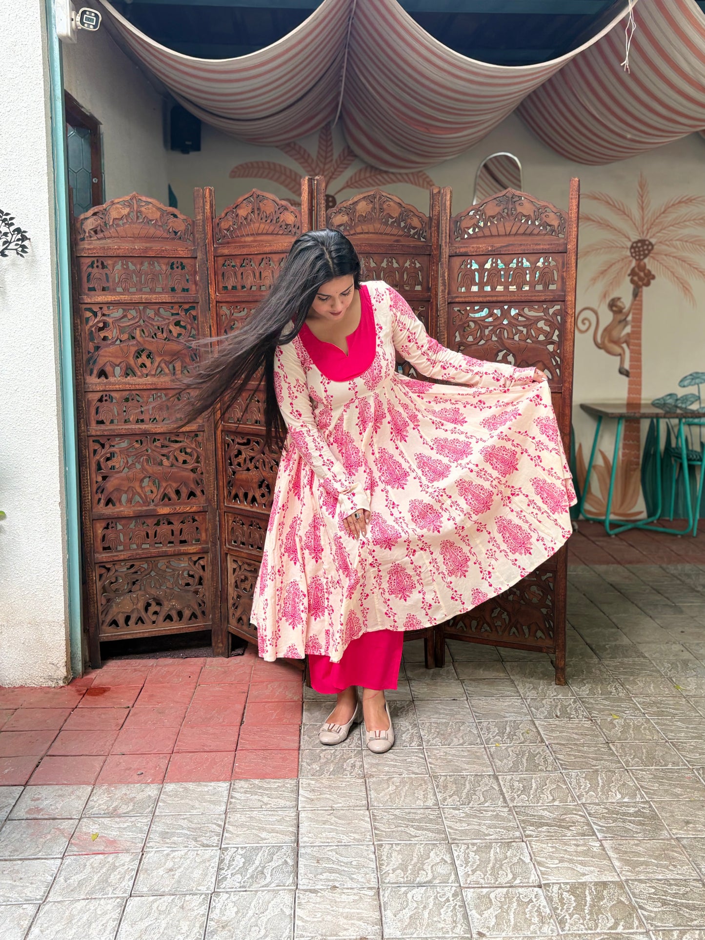 CREAM PINK CHEST KURTI