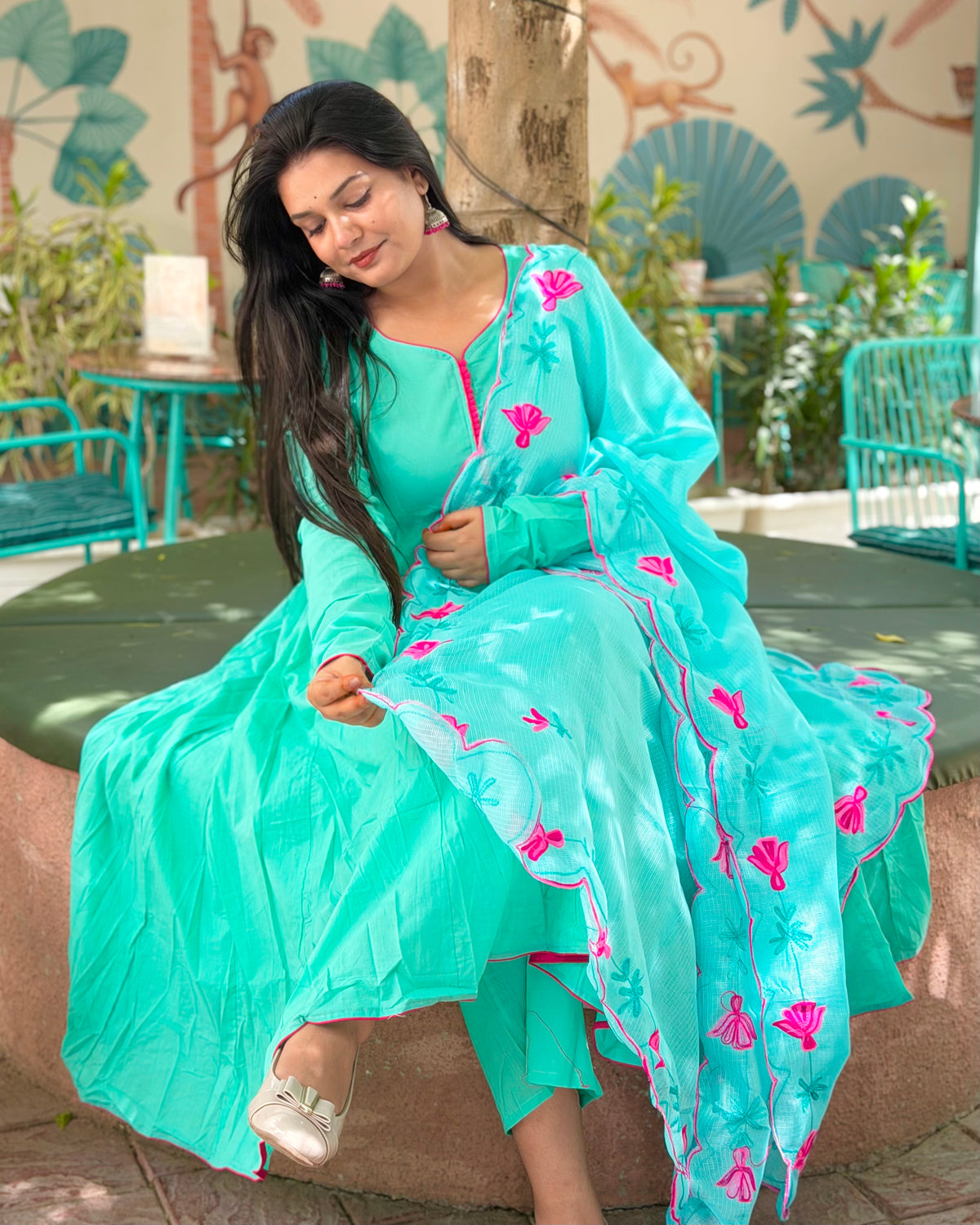 Mint Doria Emb Anarkali Set