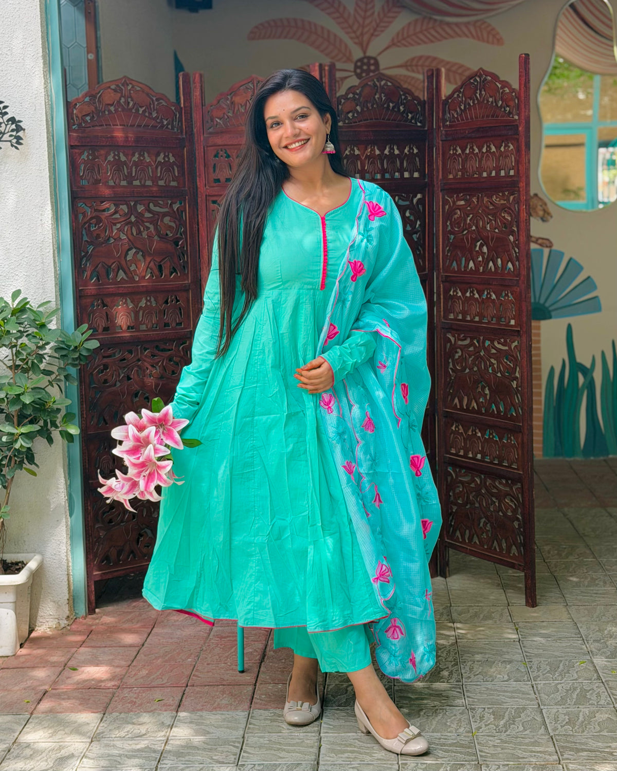 Mint Doria Emb Anarkali Set