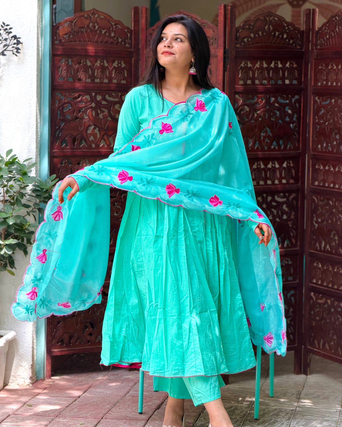 Mint Doria Emb Anarkali Set