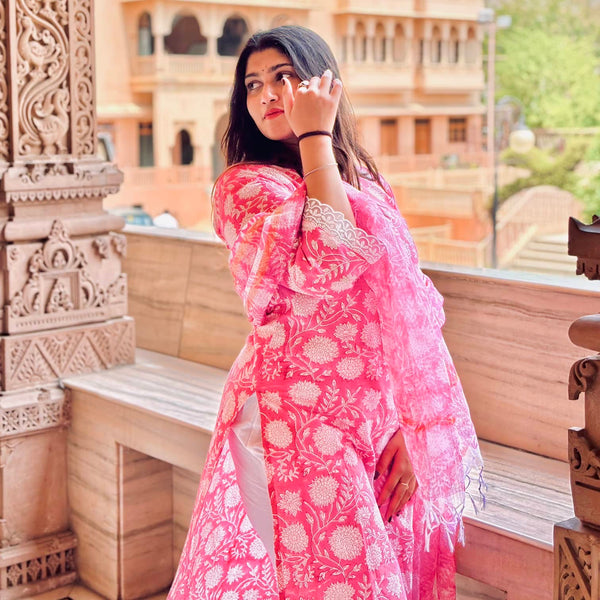 Pink Lace Straight Kurta & Dupatta
