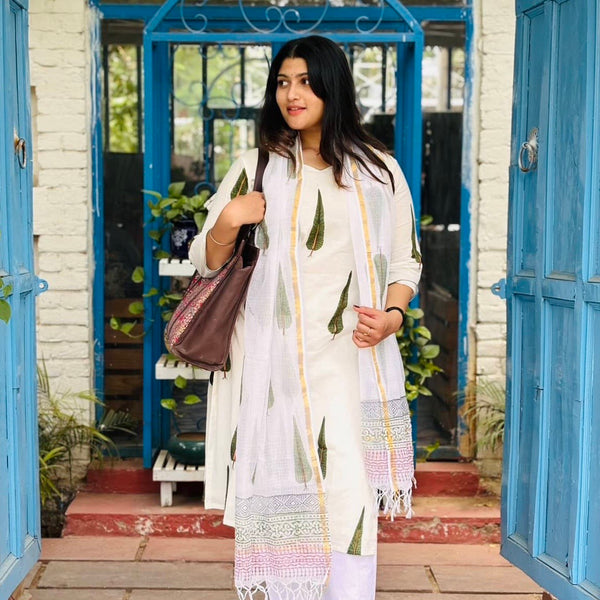 White Leaf Straight Kurta & Dupatta