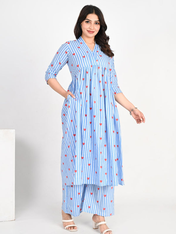 Women’s Blue Striped Cotton cord set with Red Heart Print Comfortable Everyday Ethnic Wear
