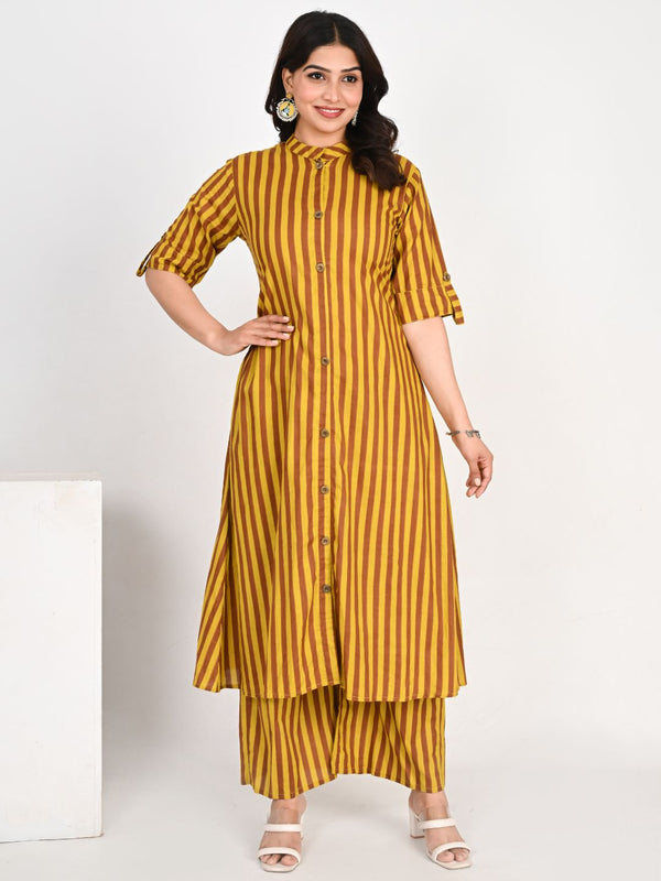 Mustard Striped Printed Co-ords Set with Front Buttons
