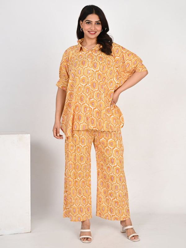Yellow Geometric Printed Shirt Collar Co-ords Set