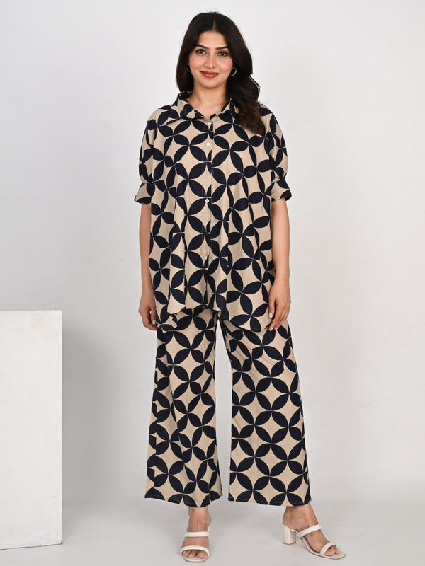Beige Geometric Printed Shirt Collar Co-ords Set
