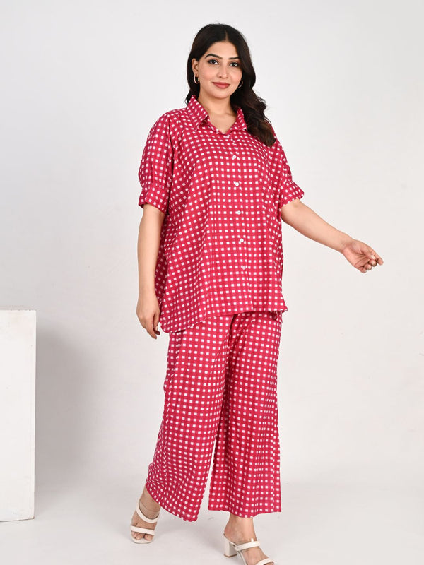 Pink Gingham Print Shirt Collar Co-ords Set