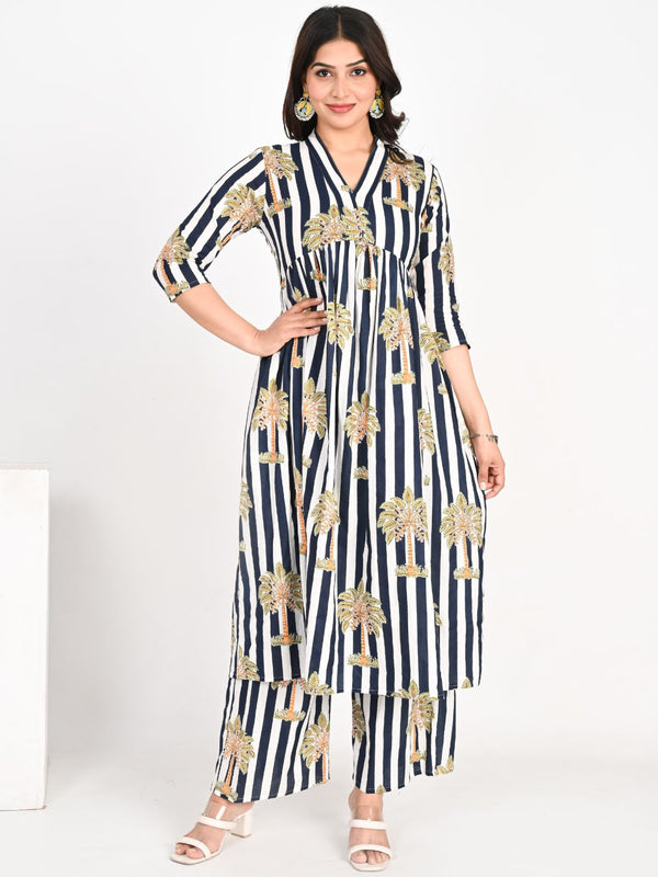 Navy Blue Striped Printed V-Neck Co-ords Set
