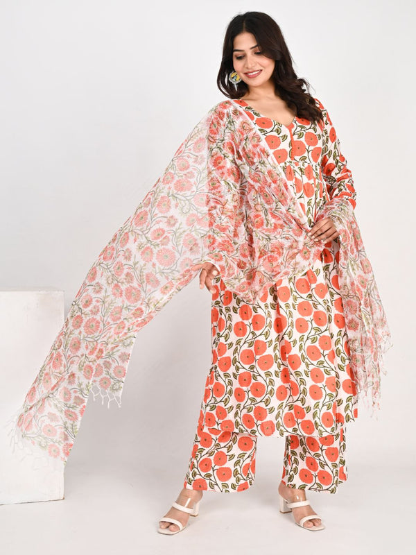 Orange Pure Cotton V Neck Floral Anarkali Kurta Set for Women