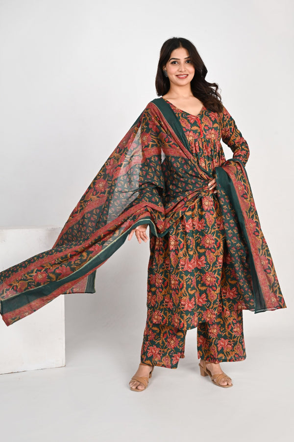Dark Green Pure Cotton V Neck Floral Kurta Set for Women