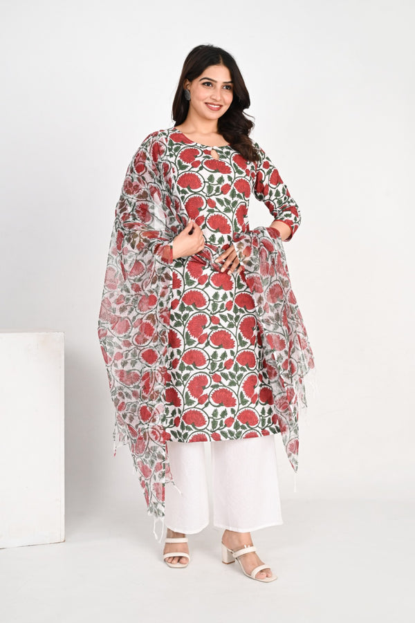 Red Pure Cotton Round Neck Floral Kurta Set for Women