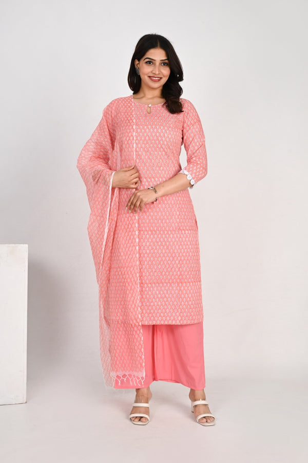 Peach  Cotton Printed Kurta Palazzo Set with Bell Sleeves and doria Dupatta