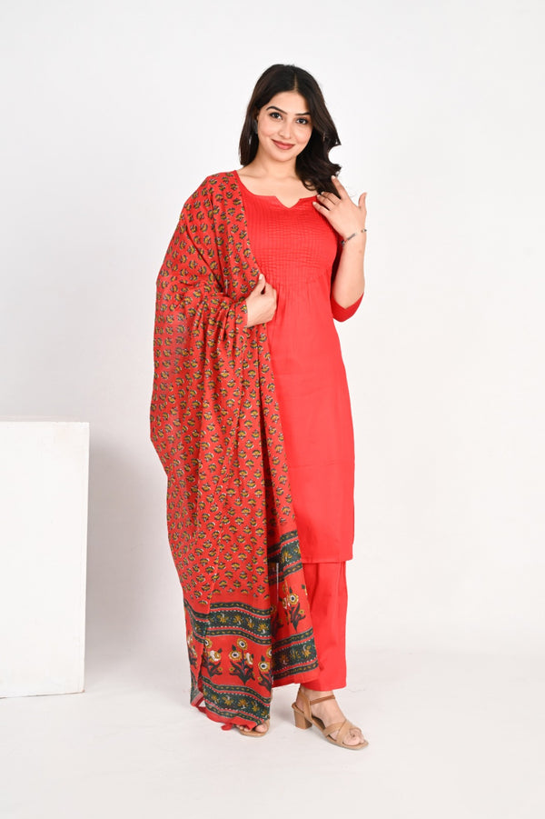 Red Round Neck Cotton Solid Kurta Set for Women