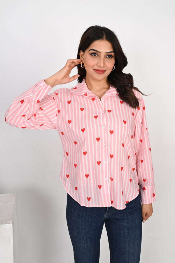 Pink Striped Cotton Shirt with Red Hearts Print for Women