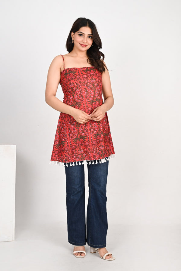 Red Floral Printed Strappy Tunic Top for Women
