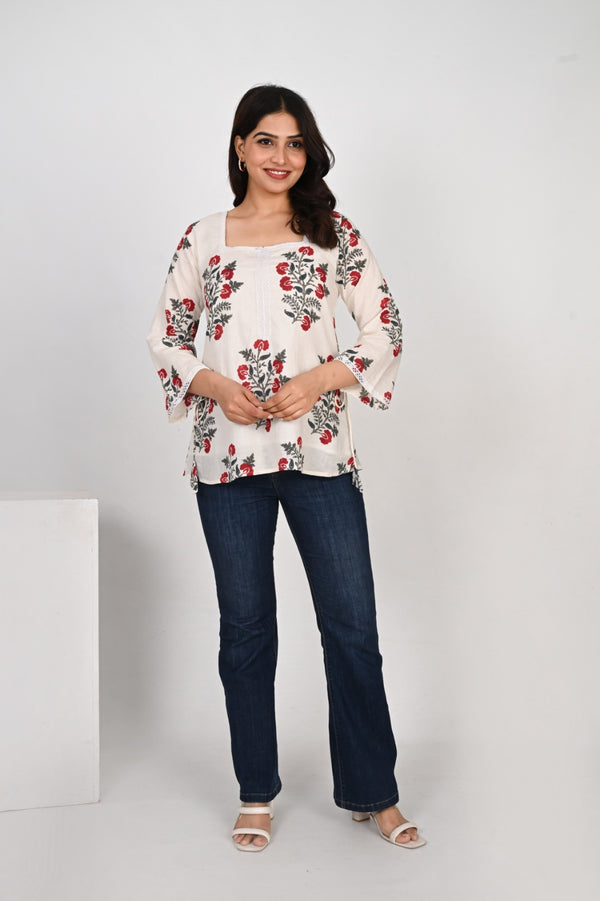 Cream Floral Printed Tunic Top for Women