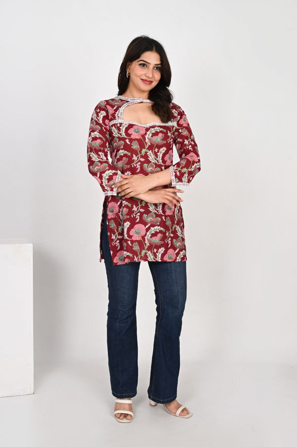 Burgundy Floral Printed Tunic with Cutout Neckline