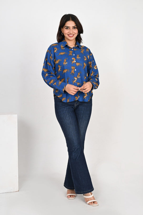 Blue Tiger Printed Shirt Collar Top for Women