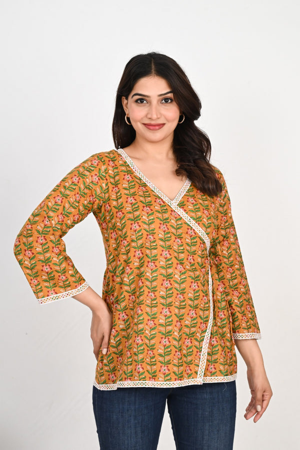 Mustard Floral Printed V-Neck Top for Women