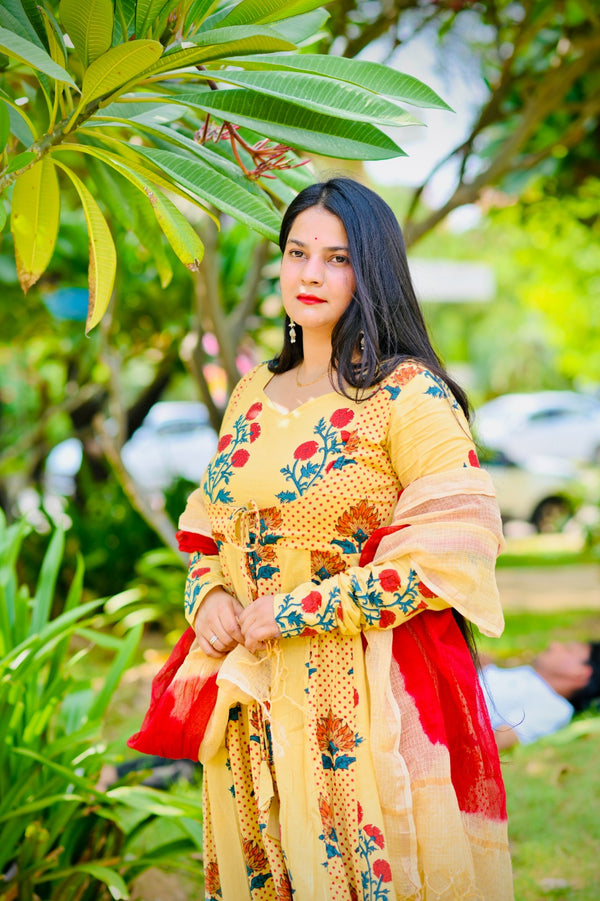 Beige  Handblock Printed Cotton Anarkali Kurta Set