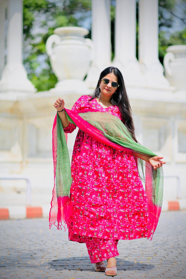 Pink Flower Printed V-Neck Cotton Kurta Set with Duotone Dupatta